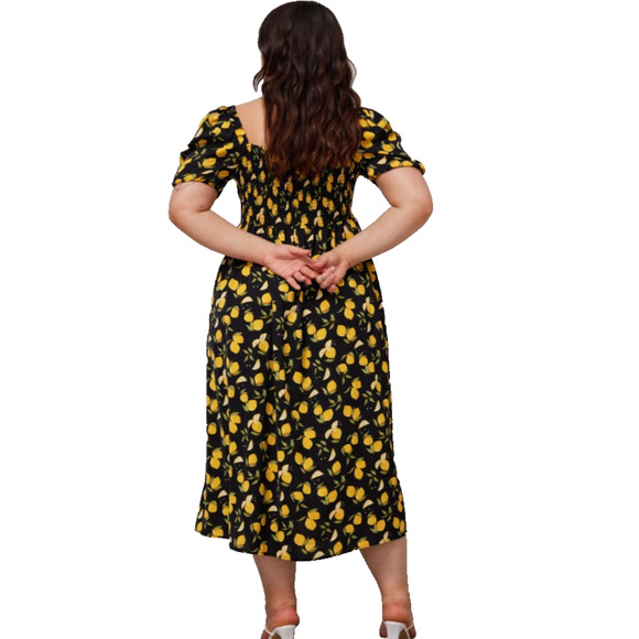 Cider Lemon Split Cottage Milkmaid Prairie Knotted Shirred Smocked Midi Dress 1X - Picture 3 of 12